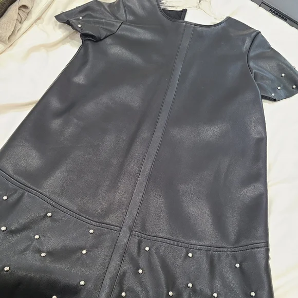 silver pleather dress Avec Les Filles Women's Metallic Faux Leather Strapless Midi Dress